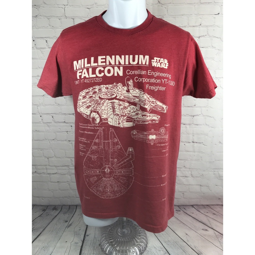 STAR WARS Shirt Adult Small Red Millennium Falcon Schematic Blueprint Graphic T